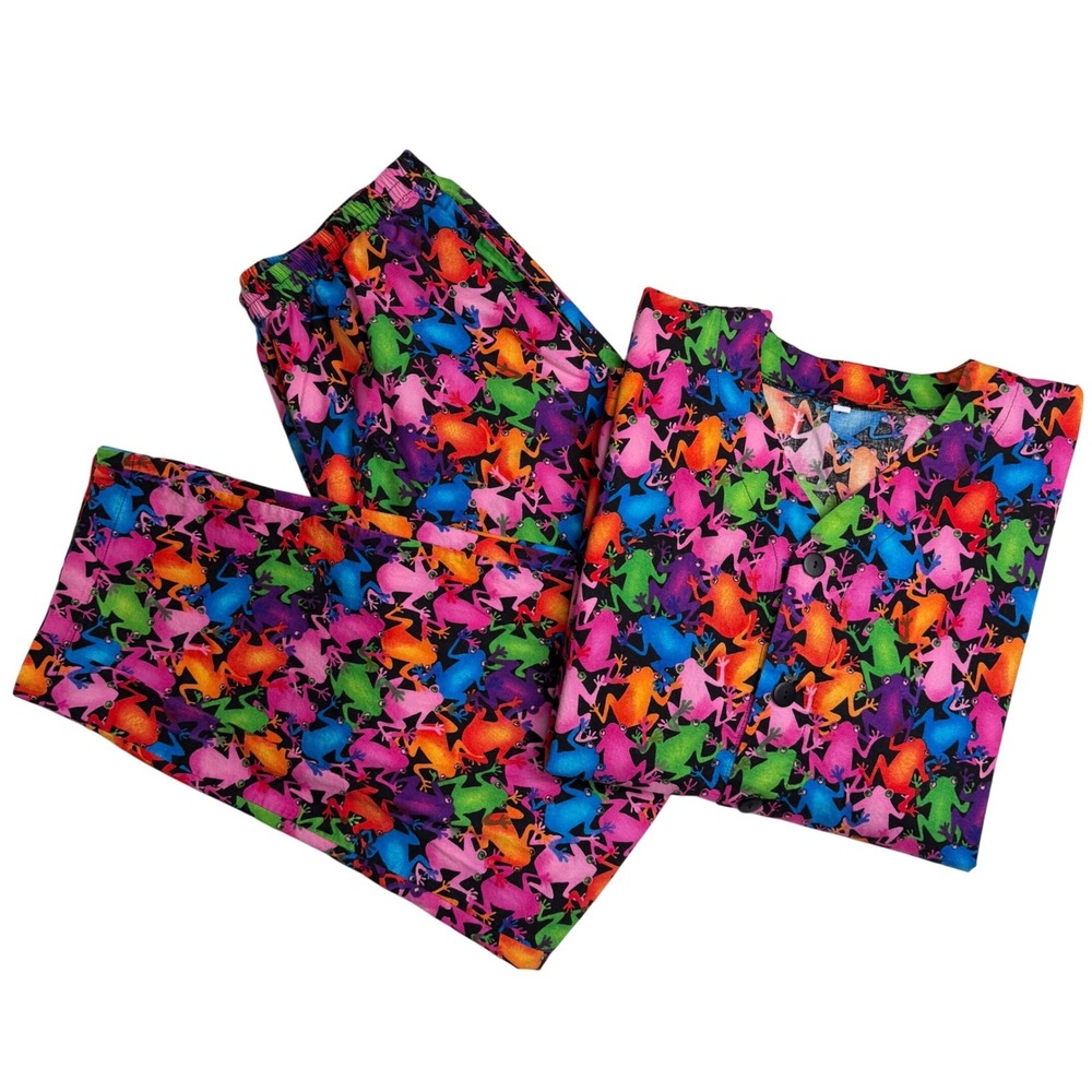 Jamz Original Pajama‎ Set Neon Rainbow Frog Print Dopamine Dressing Nightwear XL